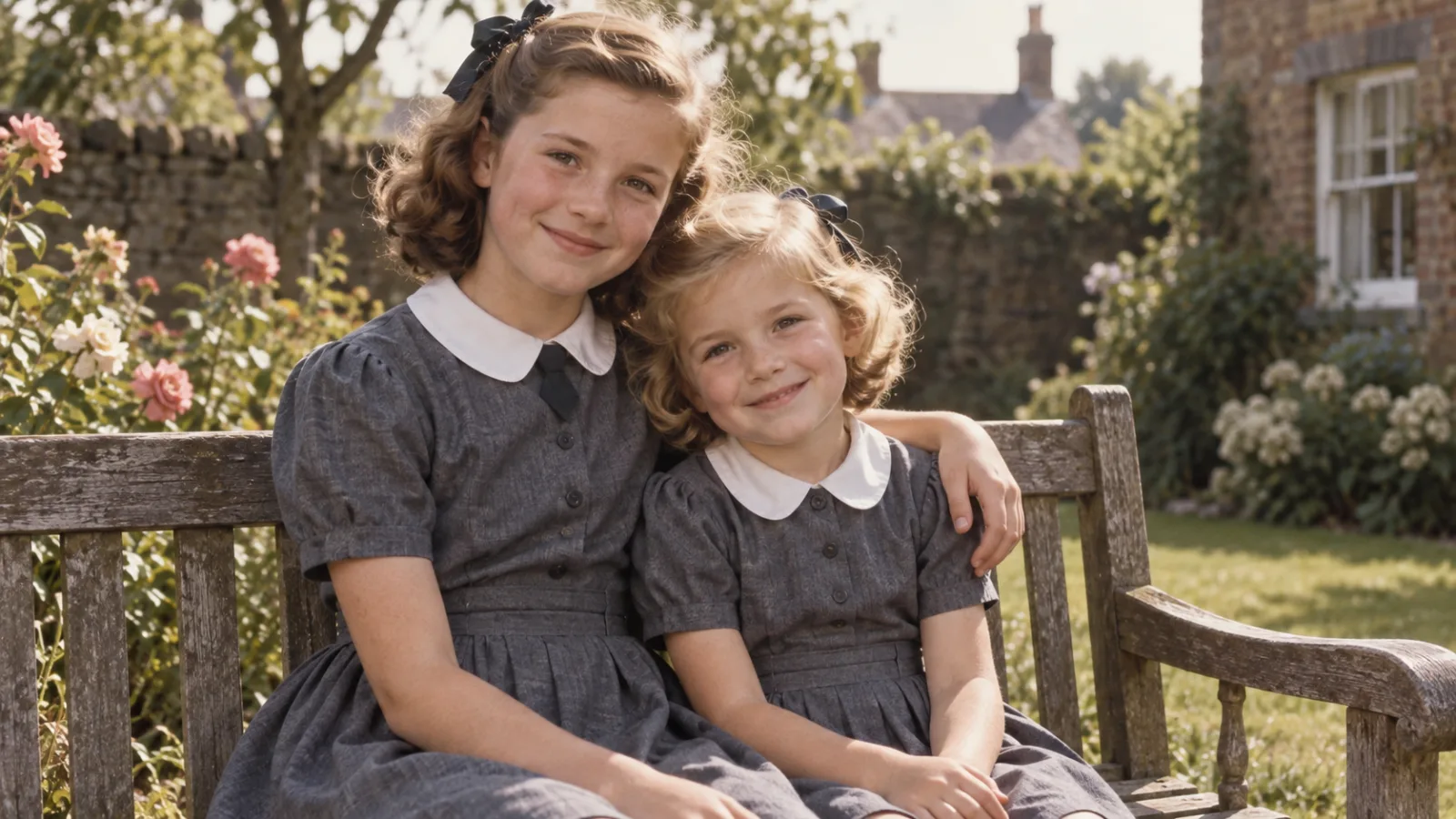 Two young sisters in 1950s school dresses sitting together on a garden bench