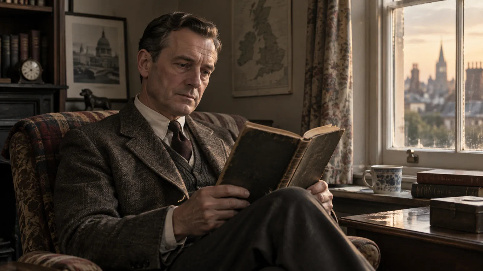 A middle-aged 1950s man reading a worn book by a window in soft afternoon light