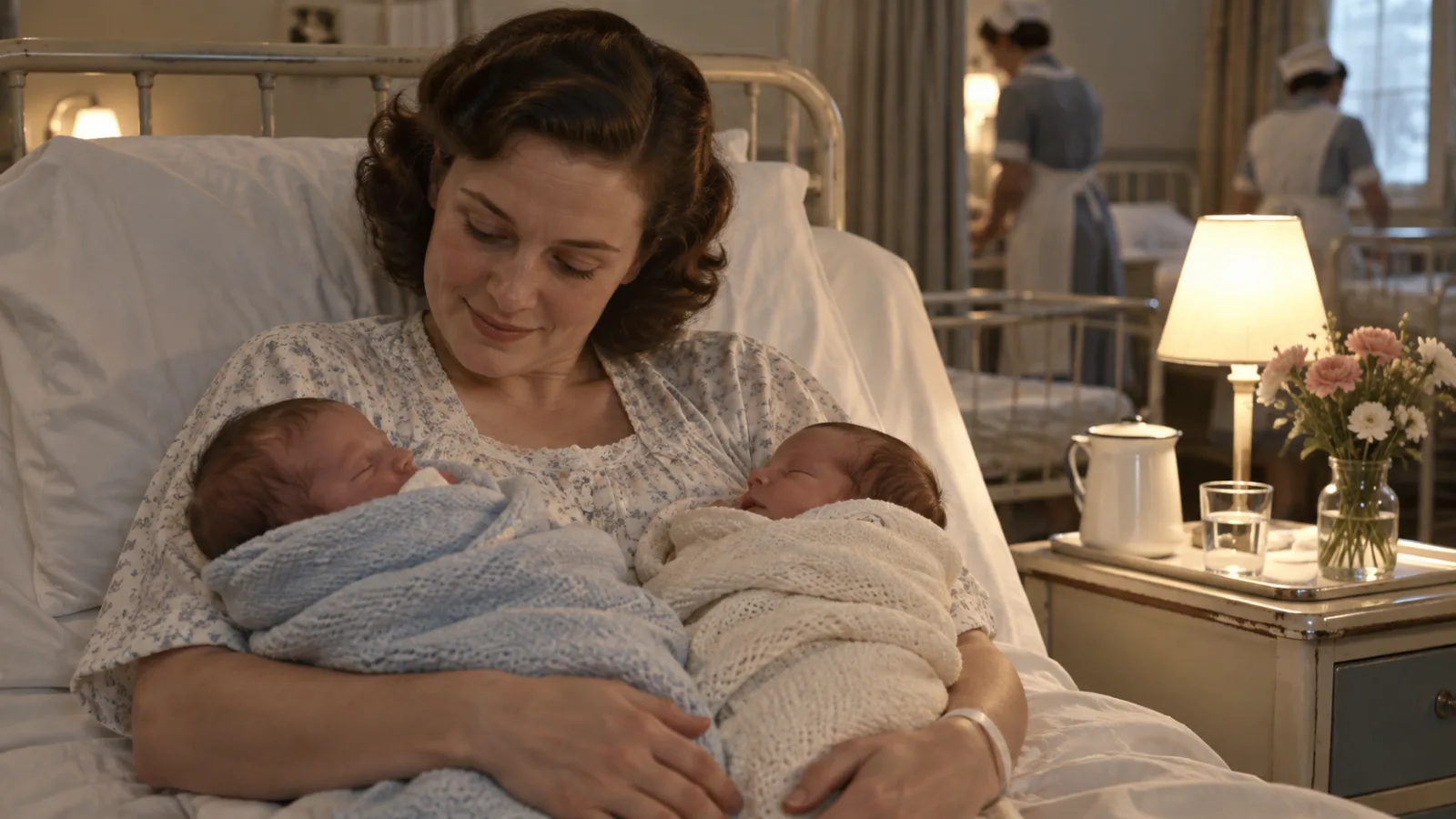 A mother resting in a 1950s hospital maternity ward holding two newborn infants
