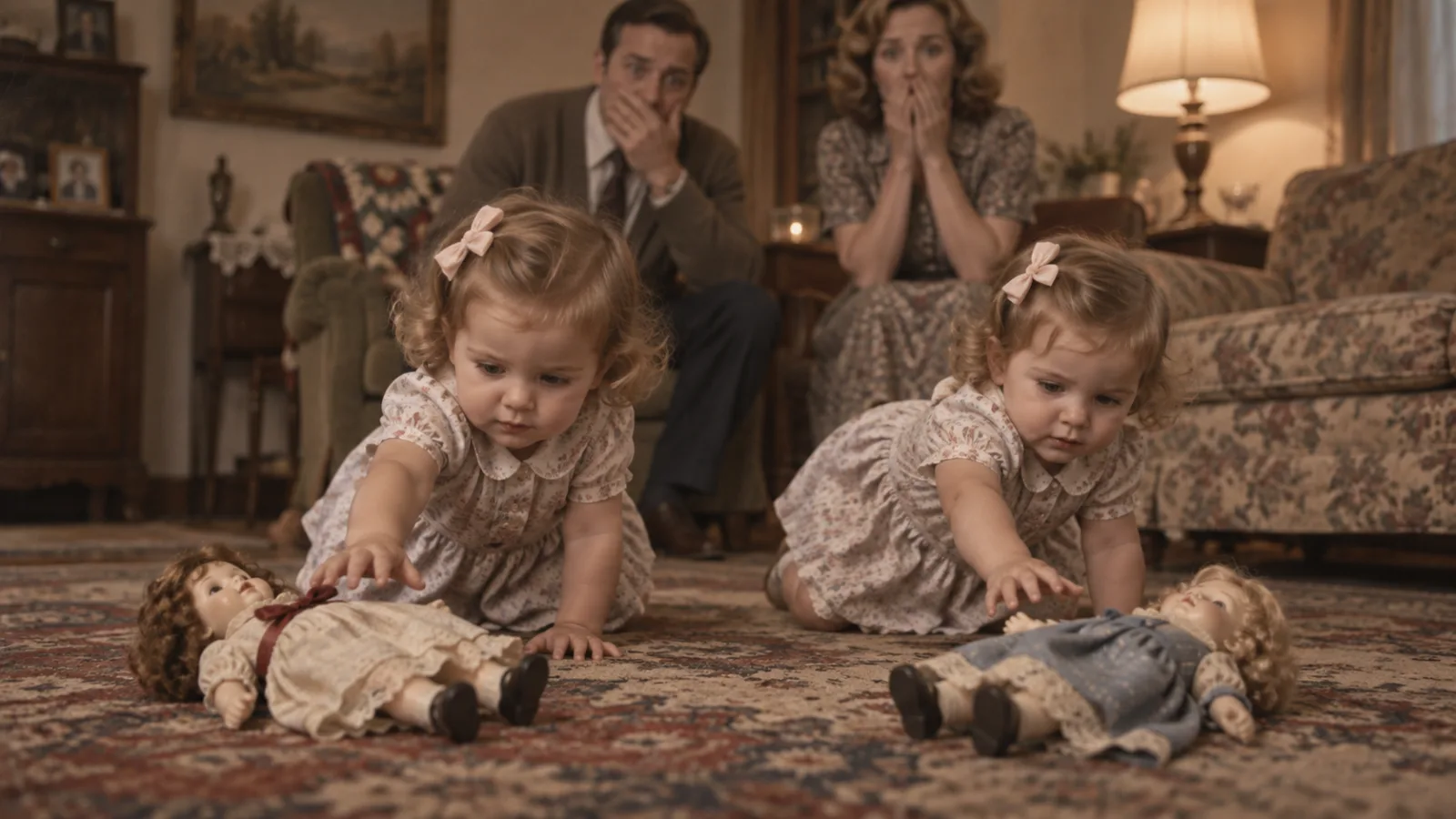 Two toddler twin girls each reaching for a different vintage doll on a living room rug