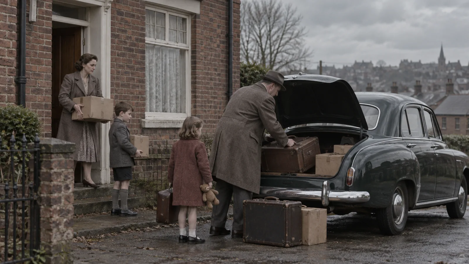 A 1950s family loading suitcases and boxes into a car outside a modest brick house
