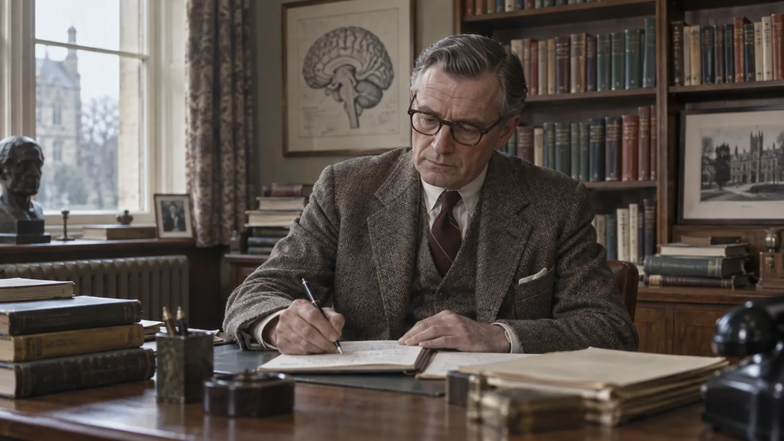 A 1960s academic psychiatrist in a tweed suit writing notes in a book-lined university office