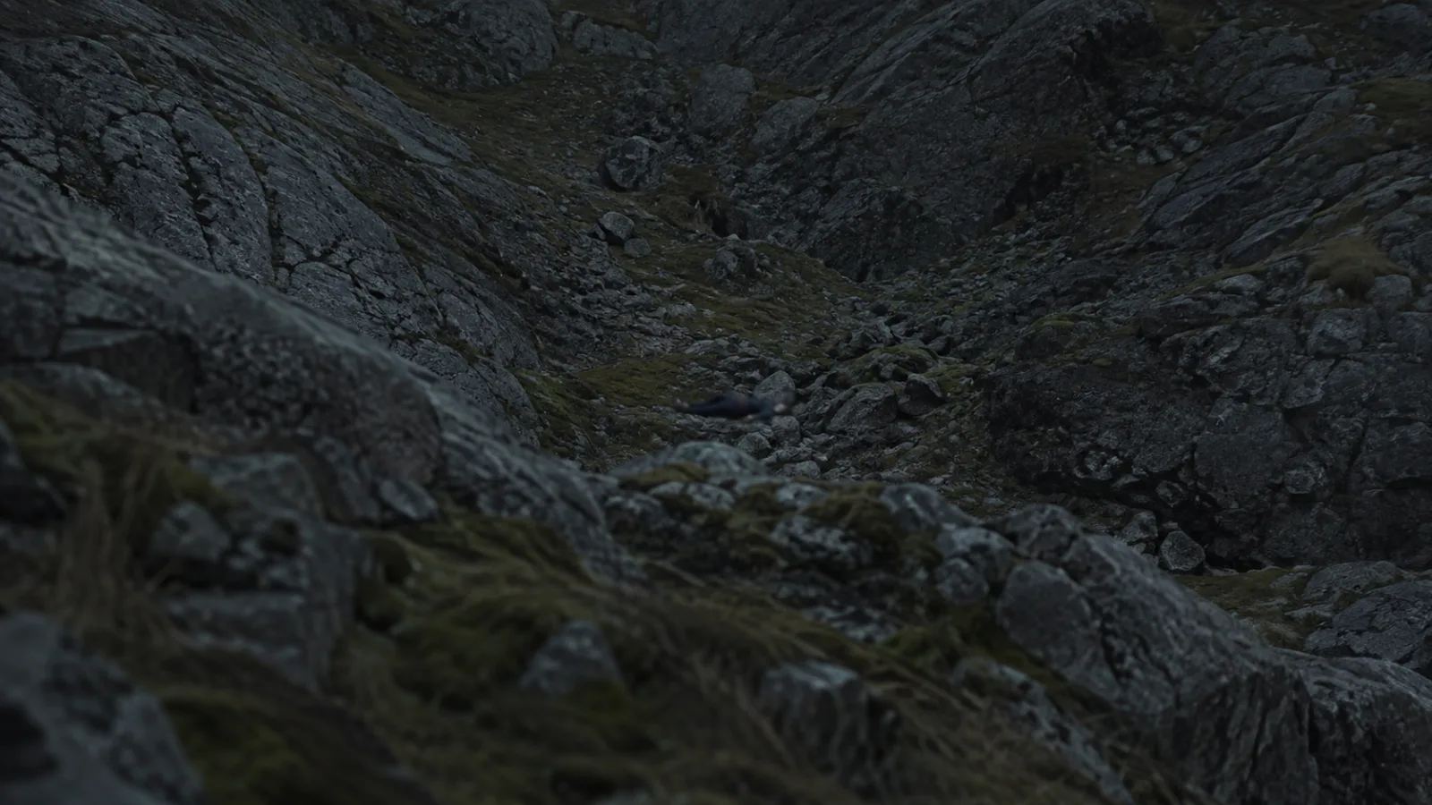 Illustrative reenactment of a distant blurred silhouette among rocks in a ravine, depicted respectfully and non-graphically
