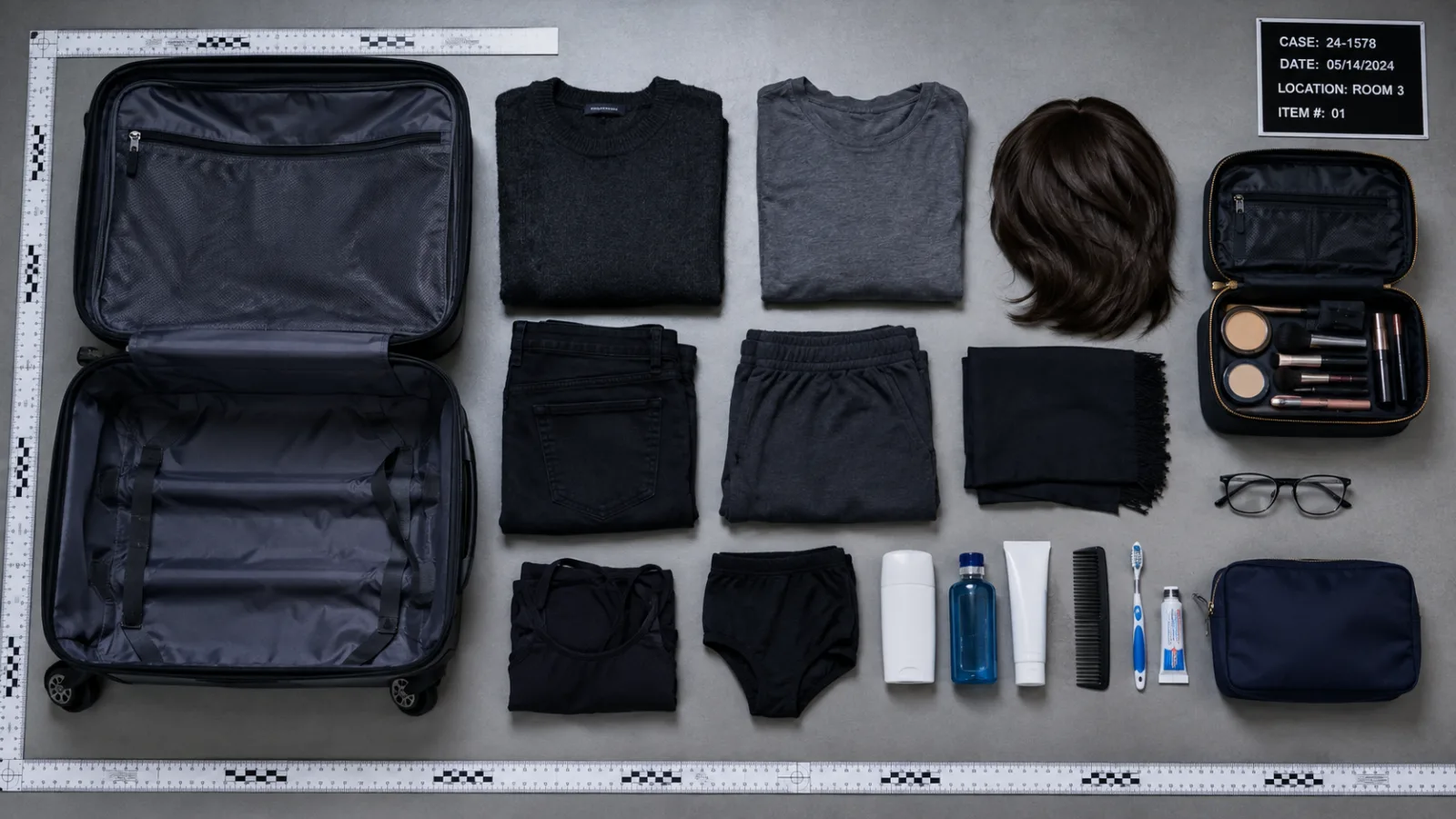 Overhead flat-lay illustration of suitcase contents including unlabeled clothing, a wig, cosmetics, and plain glasses