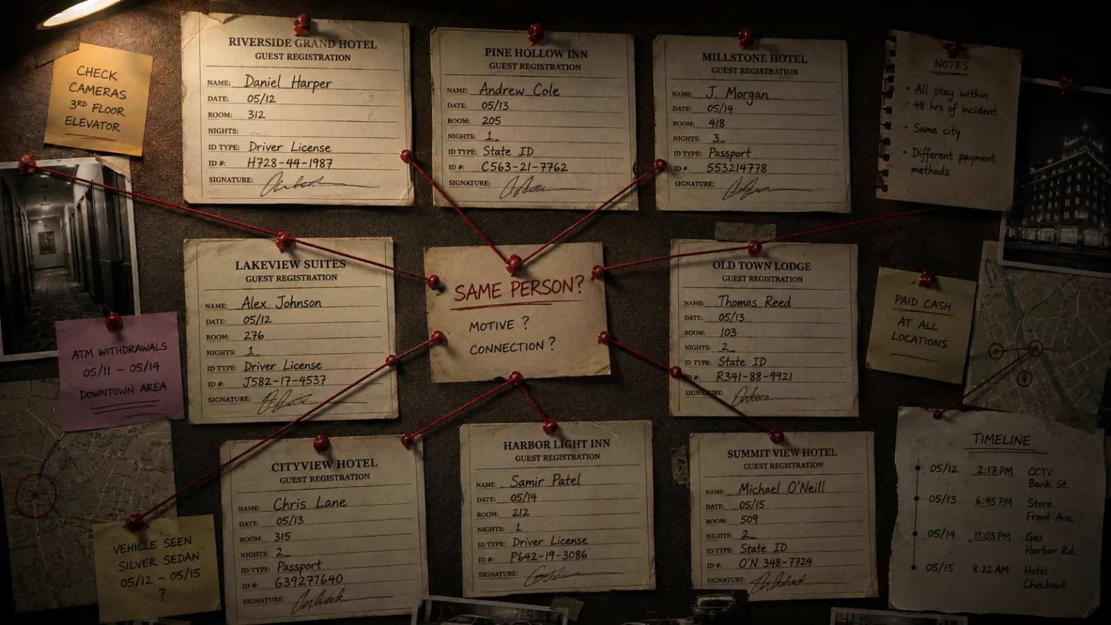 Illustrative case-board graphic showing multiple hotel registration cards under different names connected by red string