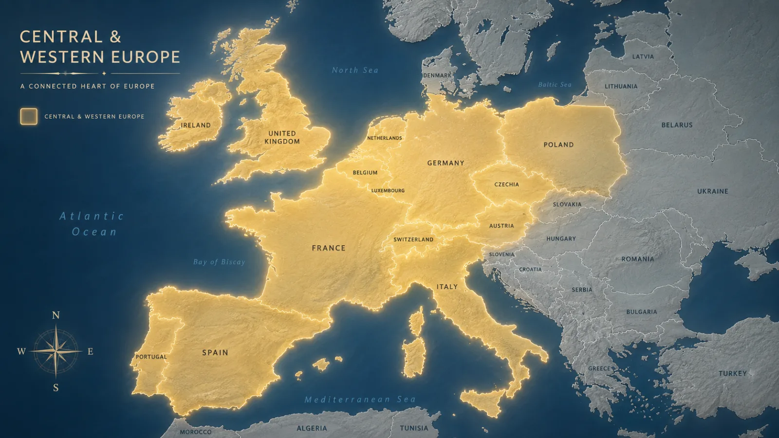 Illustrative map highlighting central and western continental Europe with a soft glow overlay