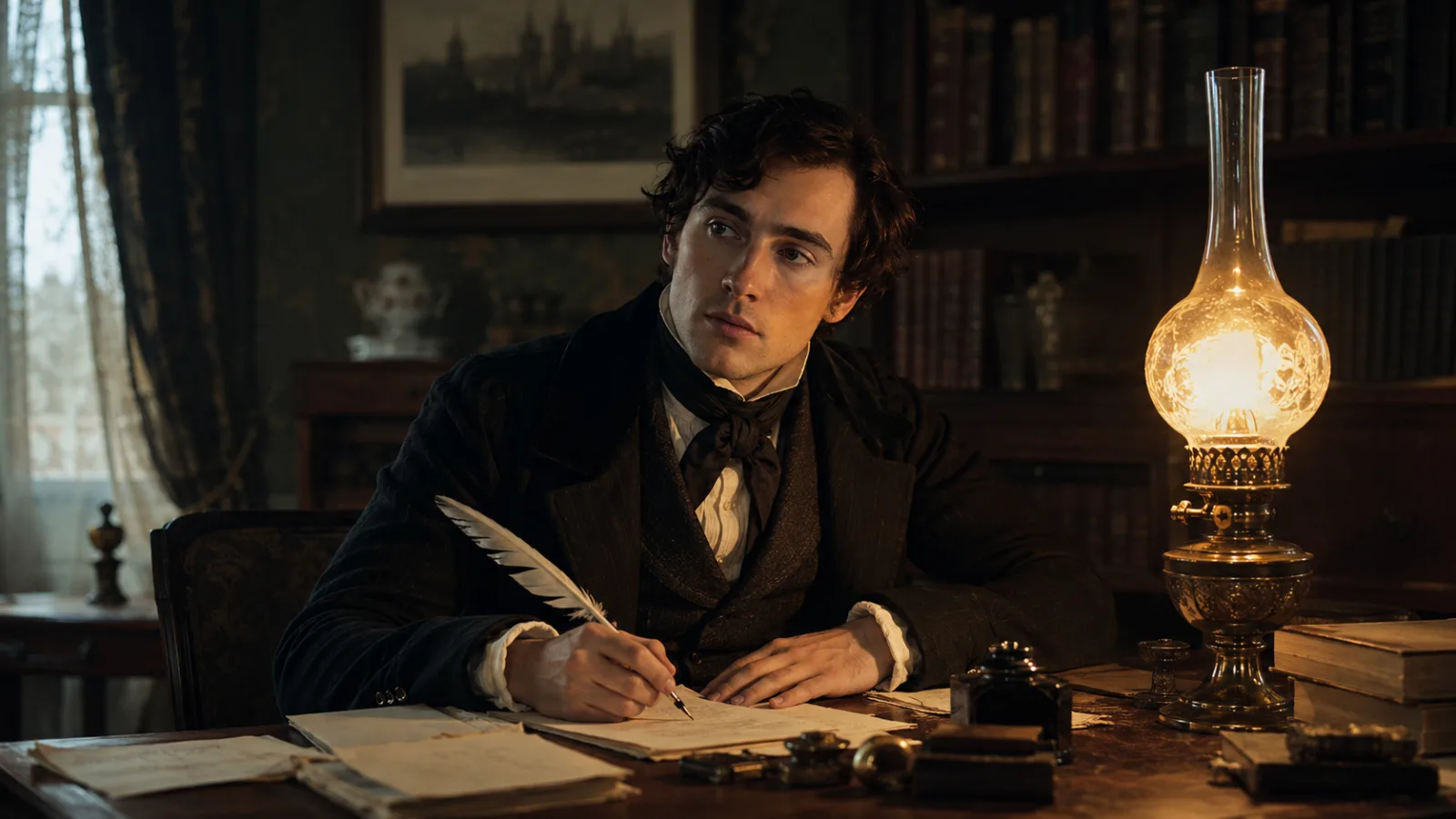 Portrait of a young 19th-century writer at a desk by gas lamp light, quill in hand