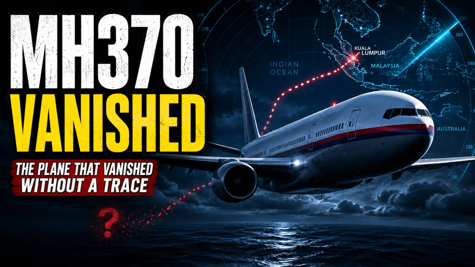 Illustration of a Boeing 777 silhouette banking over a dark, empty ocean at night