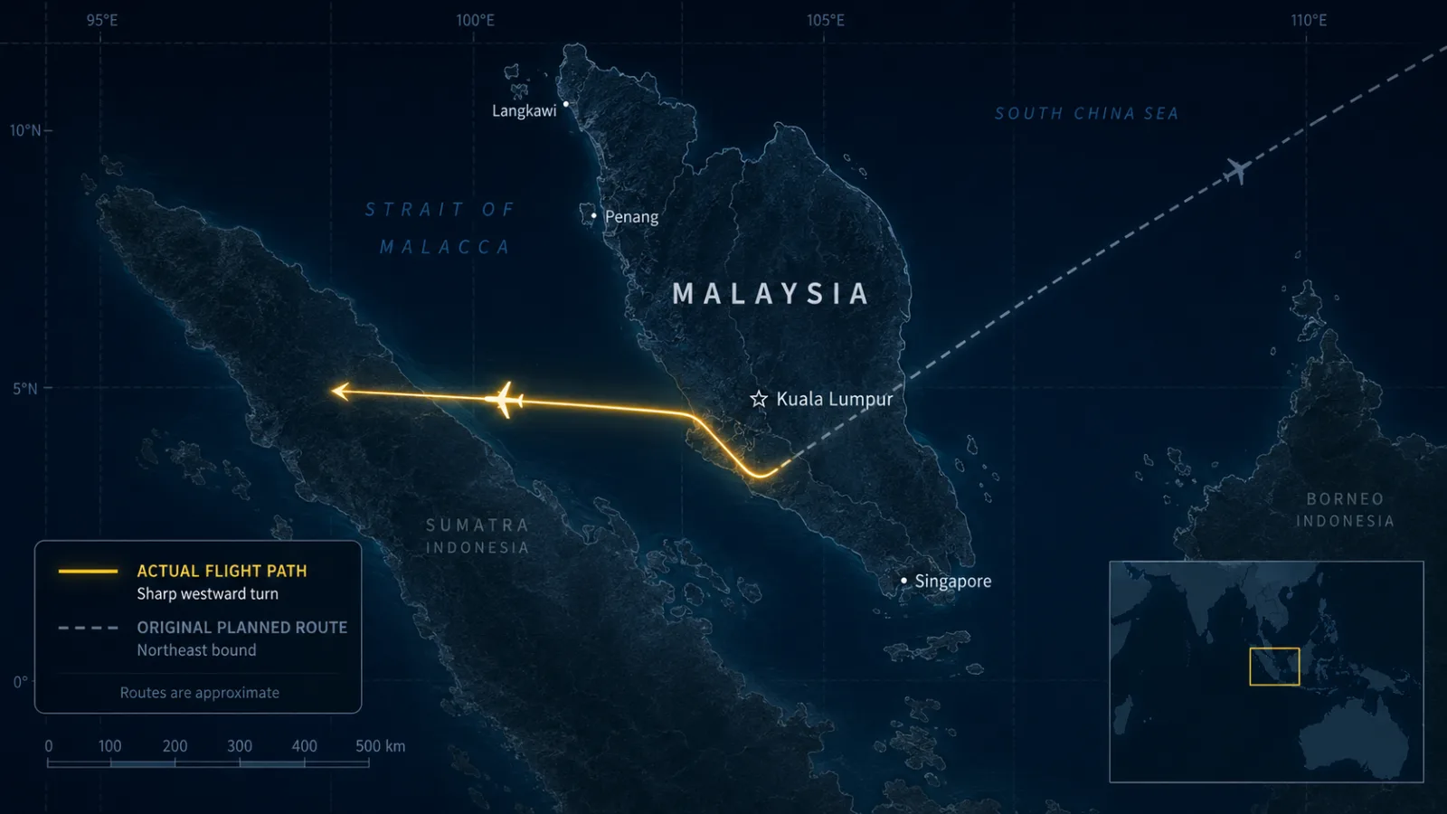 Map graphic showing a flight path making a sharp westward turn back over the Malay Peninsula