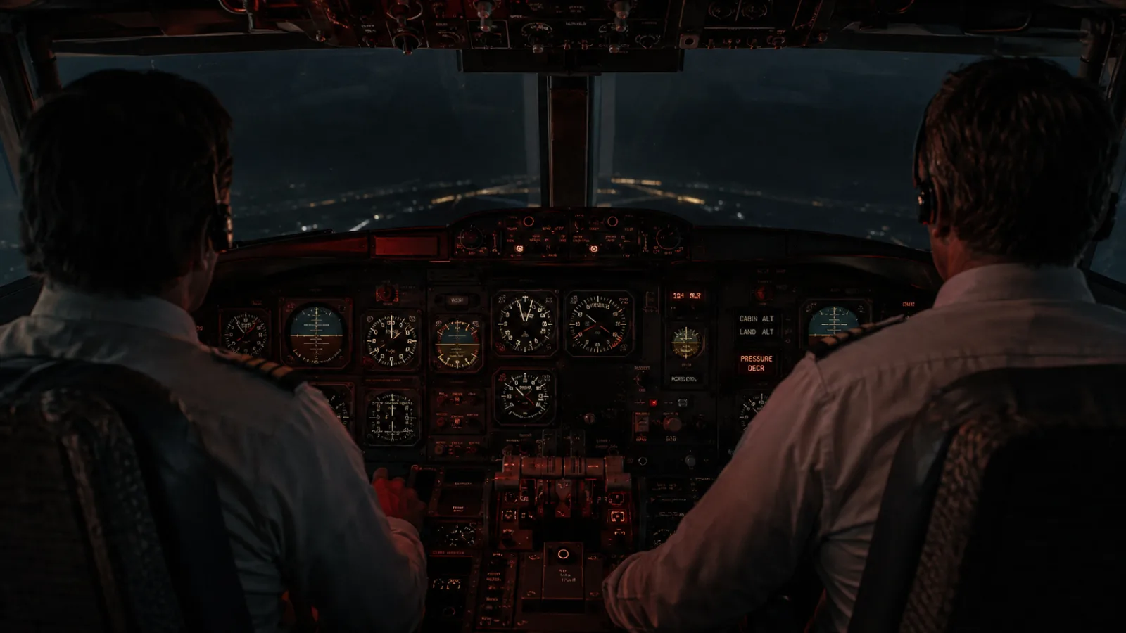 Illustration of an airplane cockpit at night with pilots reacting to a pressure change