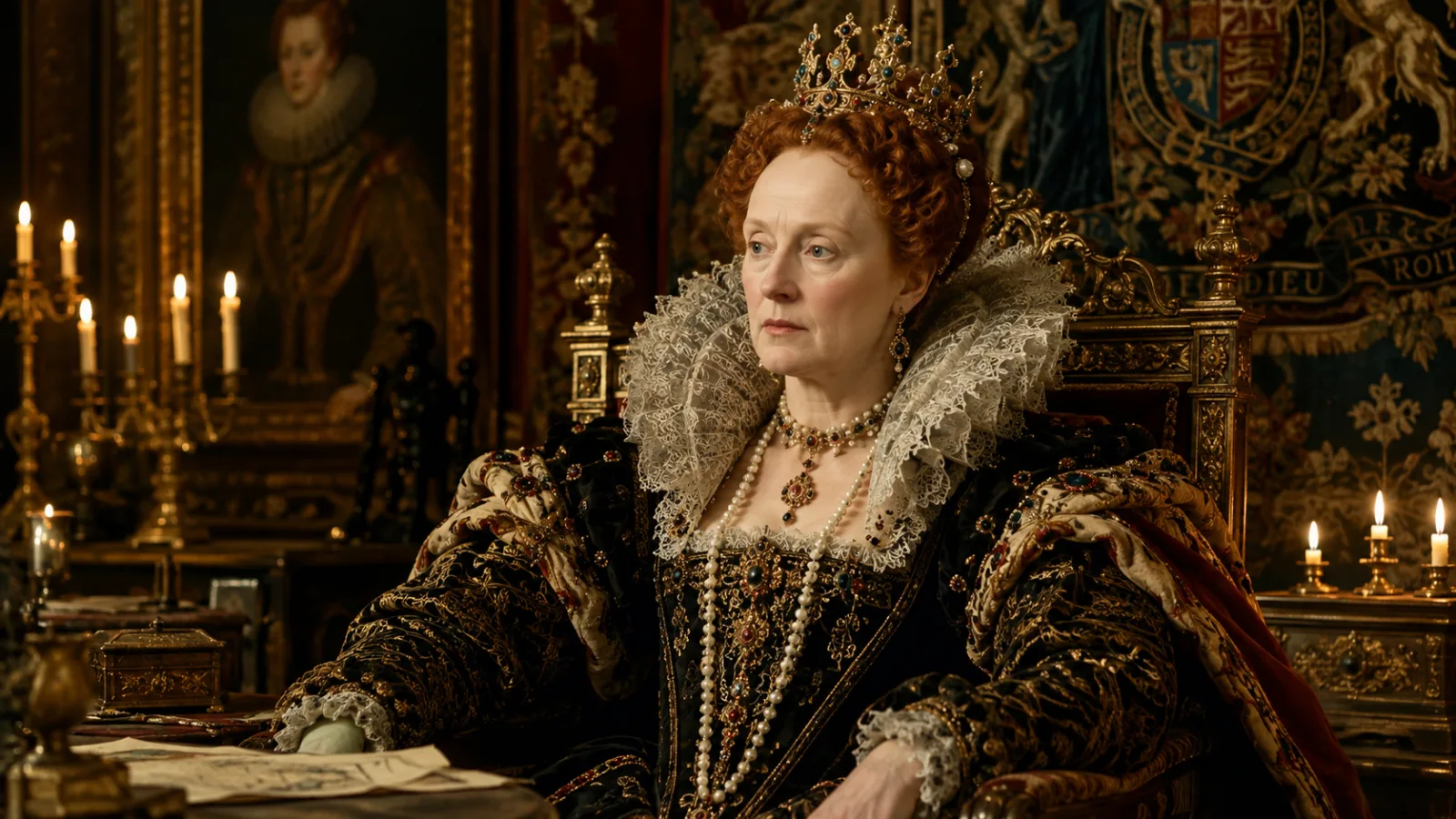 Regal depiction of Queen Elizabeth I seated in an ornate Elizabethan court chamber