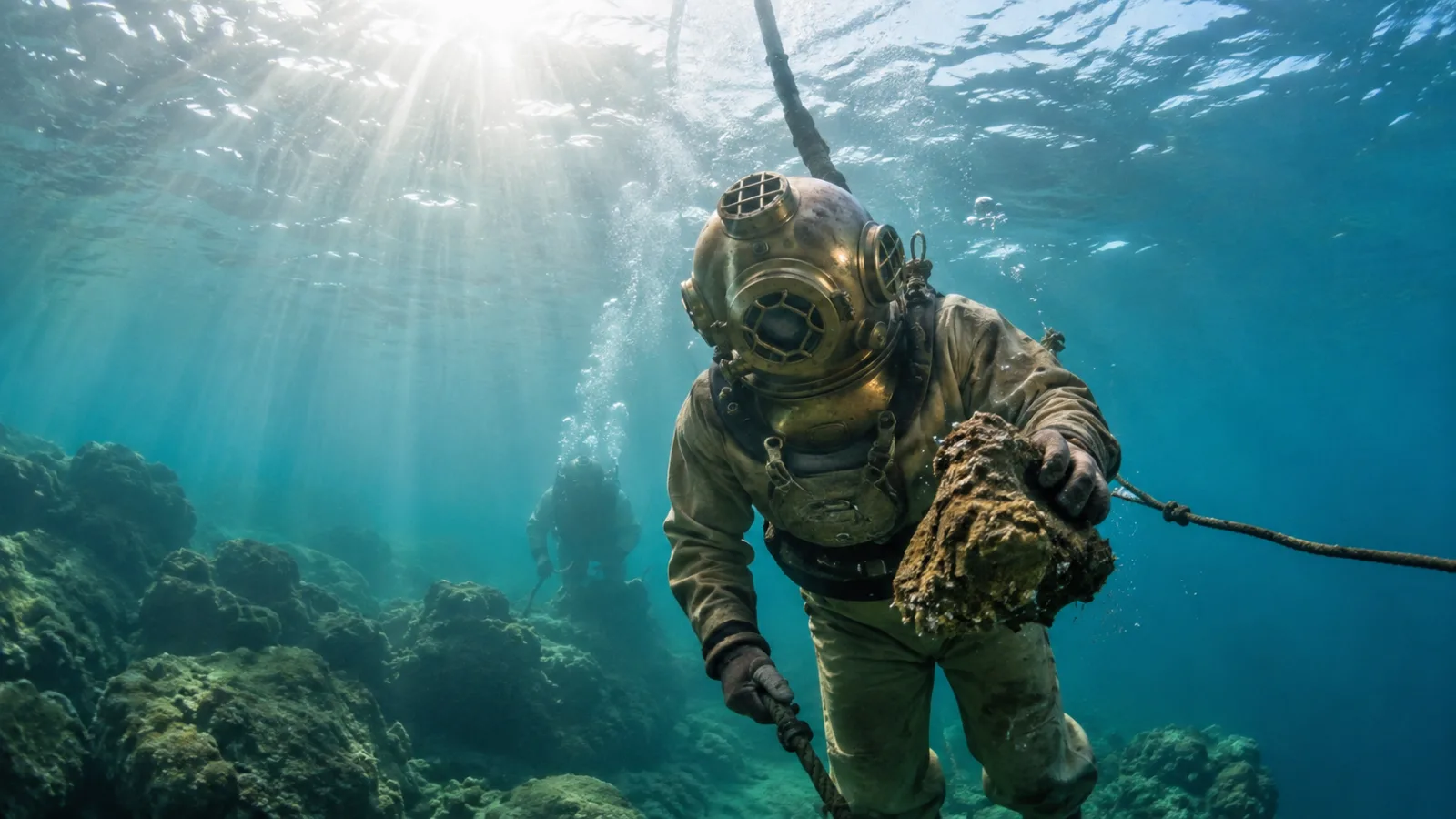 Reenactment of an early 1900s sponge diver in a brass helmet descending into Mediterranean water