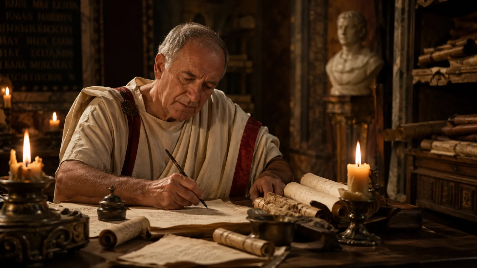 Reenactment portrait of the Roman philosopher Cicero writing at a candlelit desk with scrolls