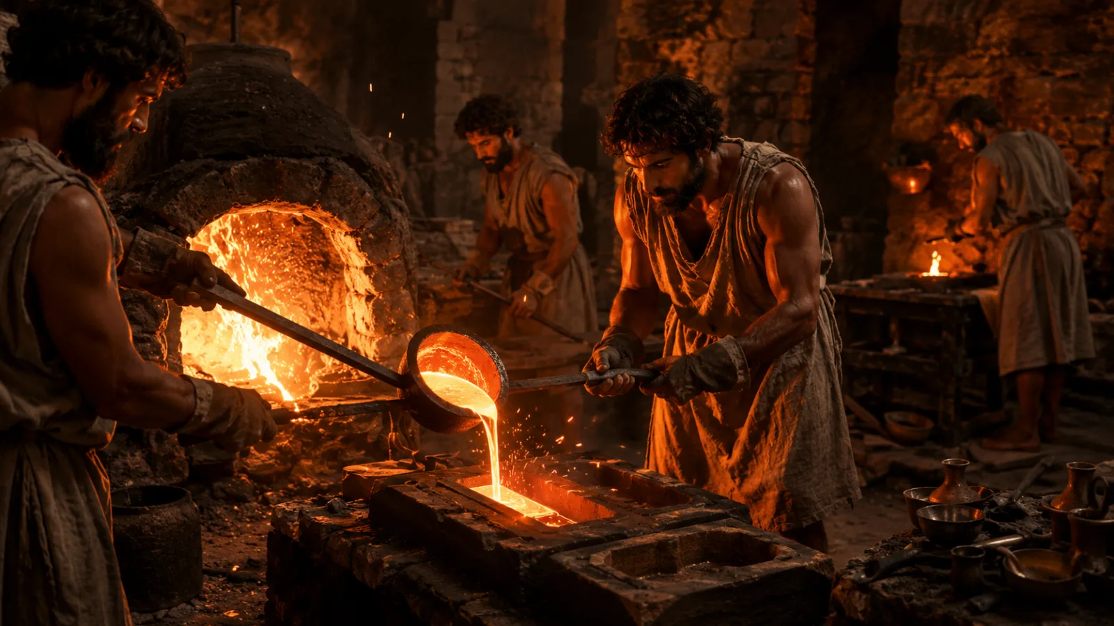 Ancient bronze objects being melted down in a glowing furnace with molten metal poured into molds
